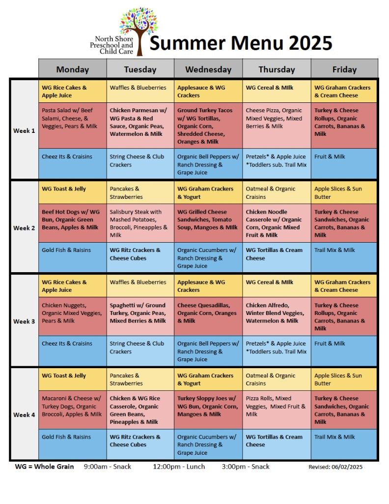 North Shore Preschool Summer Menu 2025 — weekly meal schedule showing snacks and lunches for all four weeks